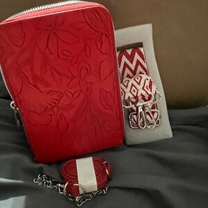 Red Embossed Leather Crossbody Bag, 2 different straps, 3 pockets